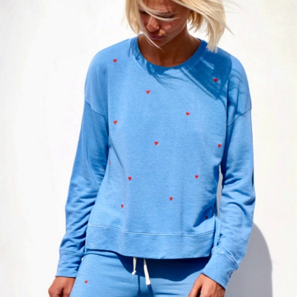 Sundry Blue Raglan Sweatshirt Red Hearts Crew Neck Size 0 $164